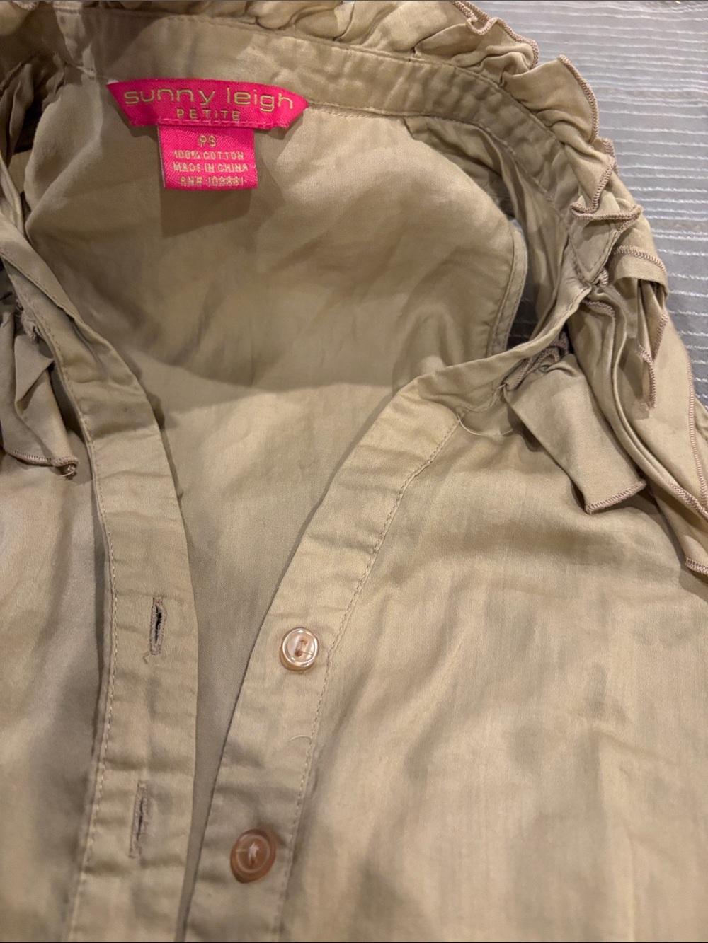 Sunny Leigh Beige Ruffle-Collar Button Front Blouse